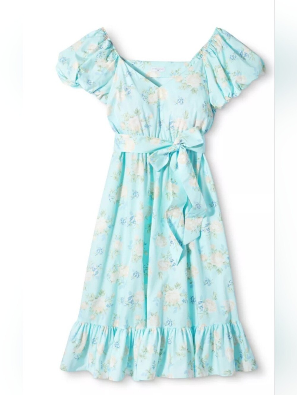 LoveShackFancy Light Blue Floral Off-Shoulder Midi Dress